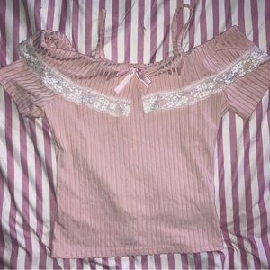 Pink Off-Shoulder Lace Trim Top